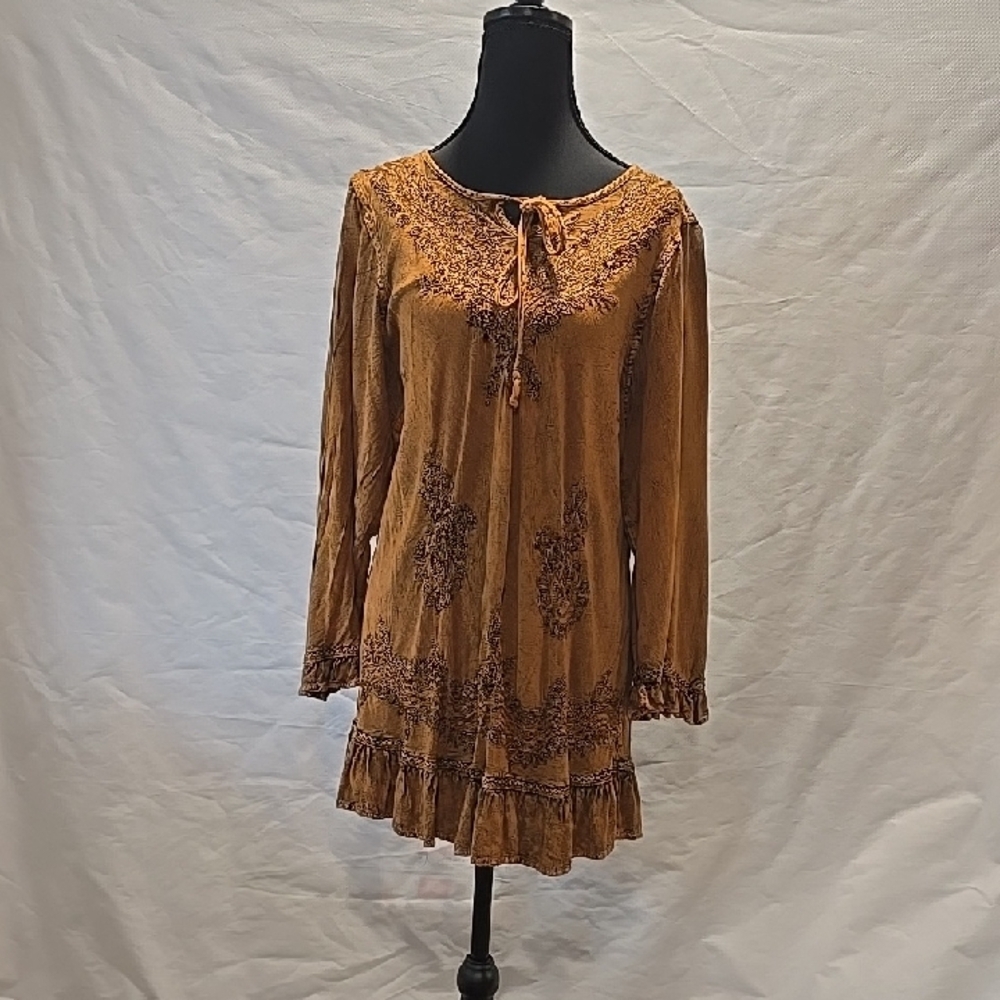 Agon Traders Boho Stonewashed Brown 3/4 Sleeve Tunic XL